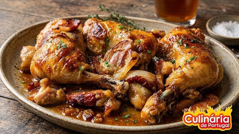 Frango assado no forno com sopa de cebola e cerveja