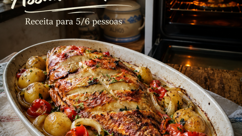 Red fish assado no forno em cama de pimento e cebola com batatas aos cubos