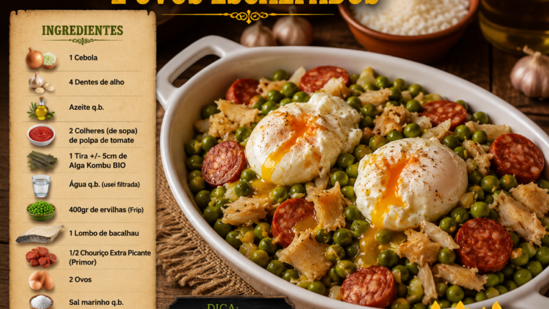 Ervilhas com bacalhau e chouriço e ovos escalfados