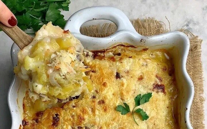 Bacalhau cremoso gratinado com batata doce