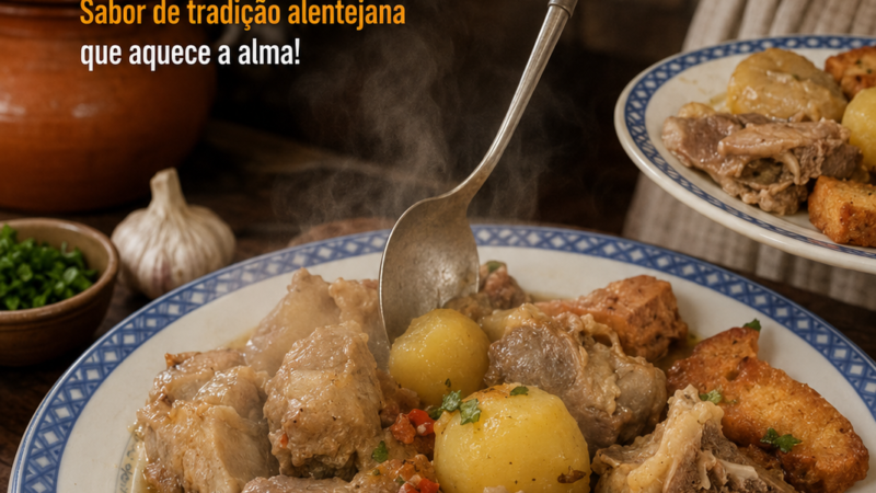 Ensopado de borrego com batata cozida e pão frito