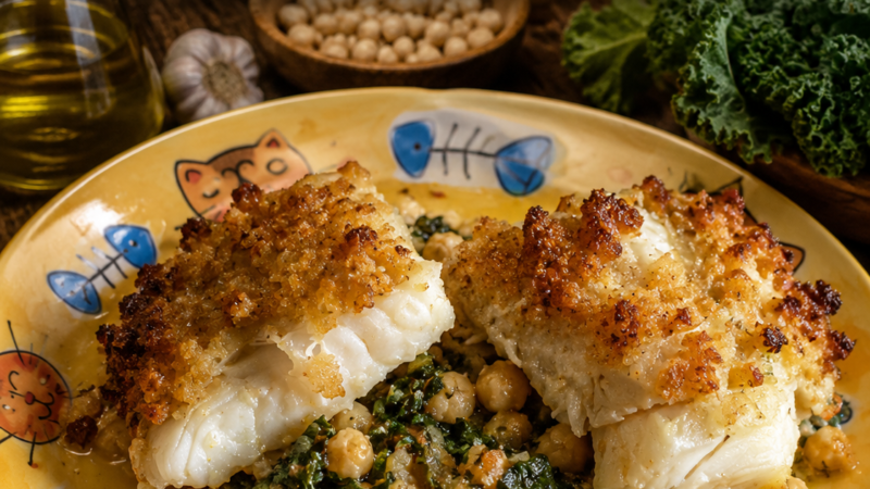 BACALHAU NO FORNO EM CAMA DE GRÃO E CALDO VERDE
