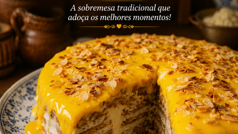 Bolo de bolacha com cobertura de doce de ovos