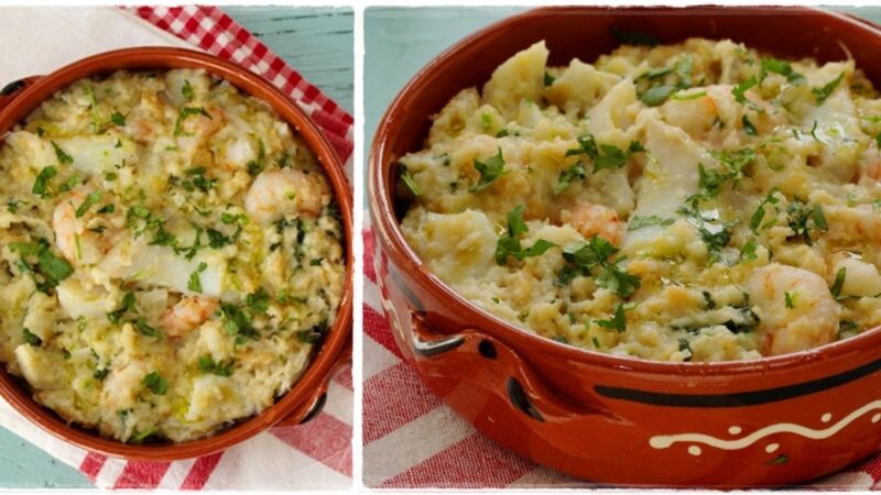 Açorda de bacalhau com camarão e coentros