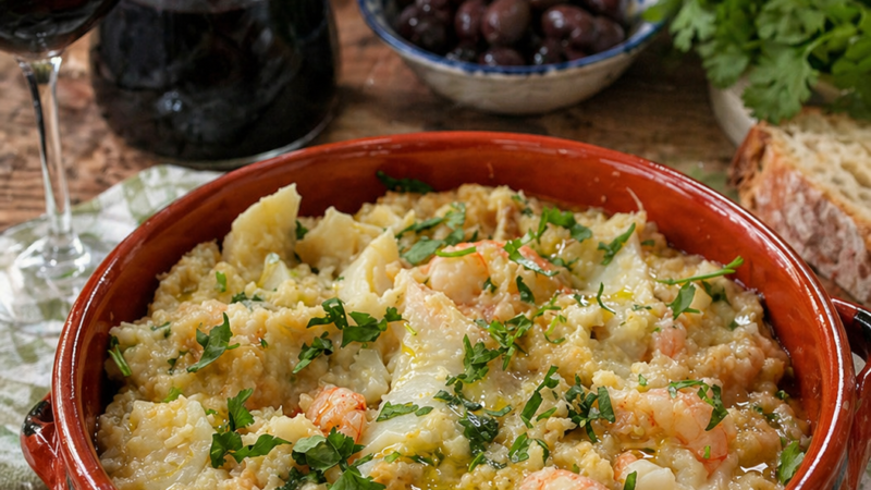 Açorda de bacalhau com camarão e coentros