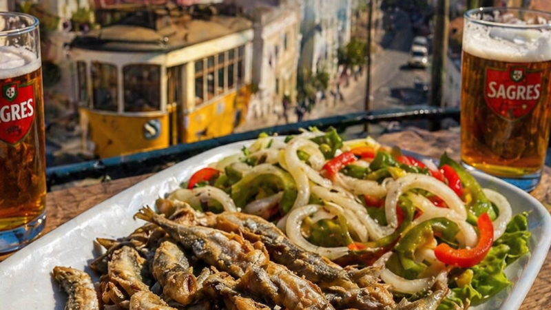 Joaquinzinhos fritos com salada de pimentos