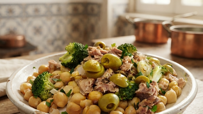 Salada da Preguiça. Grão e atum com brócolos