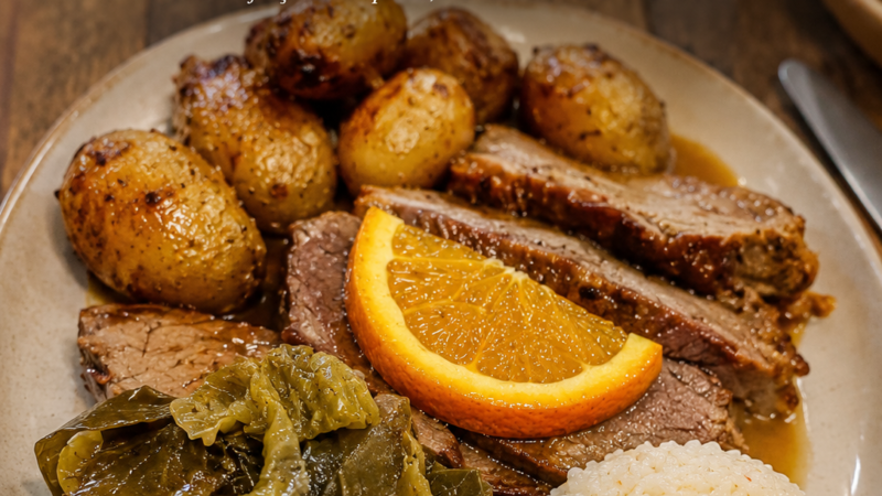 Vitela Assada no Forno com Batatinhas, Arroz e Repolho Cozido