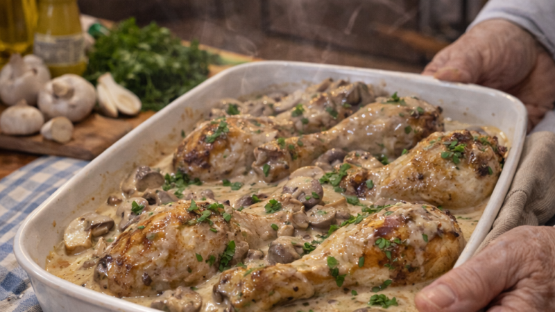 Frango Dourado com Molho de Cogumelos