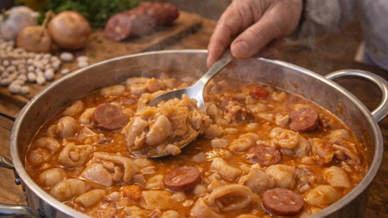 Pernas de Frango Estufado com Favas e Bacon