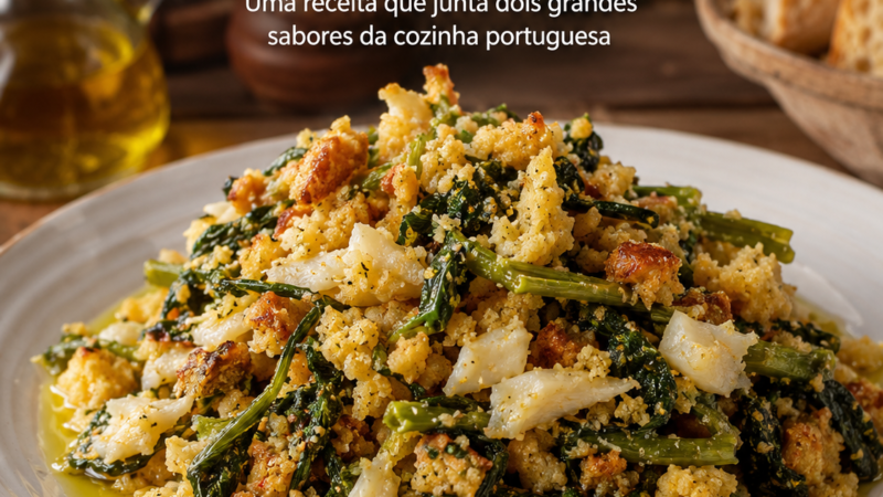 Bacalhau desfiado com migas e grelos