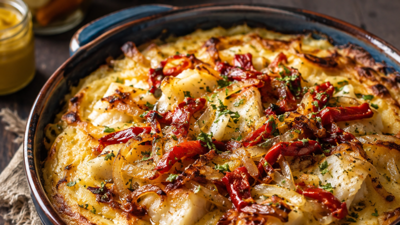 Bacalhau à Abadia com Puré Dourado e Cebolada