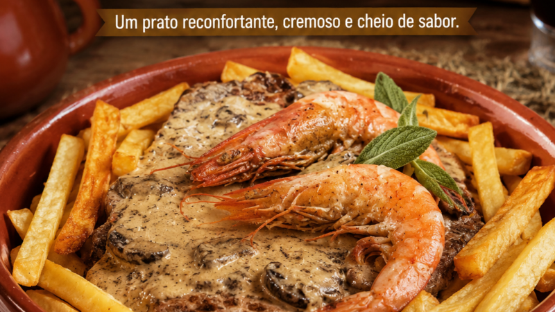 Bife com Camarão e Cogumelos
